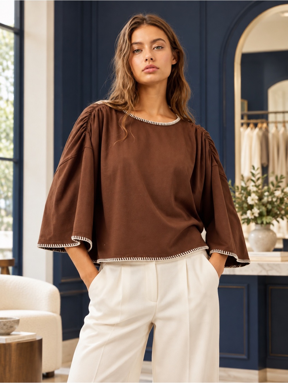 The Greii Brown Peasant Sleeve Top with Contrast Trim NWT